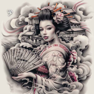 geisha tattoo design ideas Realism perfect proportions detailed kimono symbolising determination