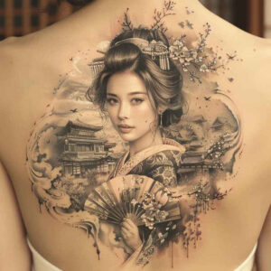 geisha tattoo design ideas contrasting colors elegant strength and power