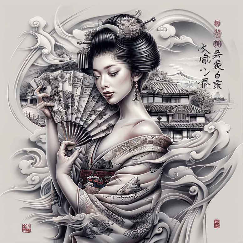 geisha tattoo design ideas Surrealism melting forms facial expression for lower chest