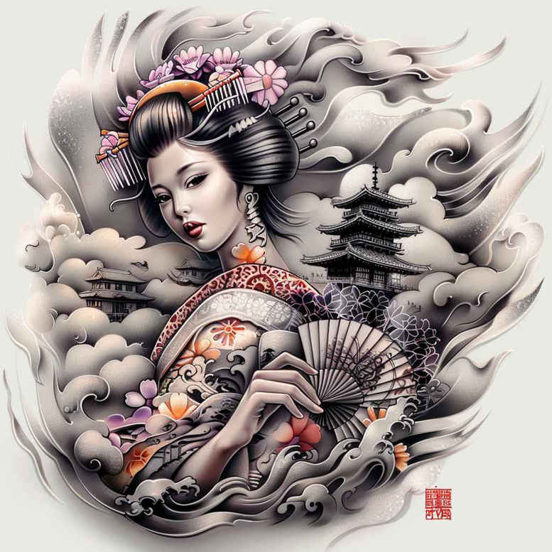 geisha tattoo design ideas refined lines facial expression represents perseverance