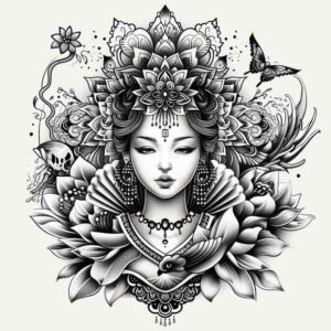geisha tattoo design ideas Surrealism mystical floral patterns embodying courage