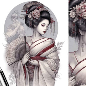 geisha tattoo design ideas distorted perspective floral patterns represents determination