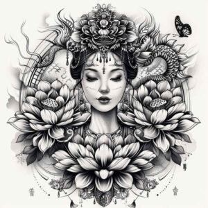 geisha tattoo design ideas elaborate floral patterns represents determination