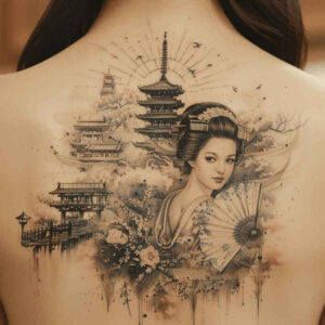 geisha tattoo design ideas artistic contrast floral patterns symbolising strength