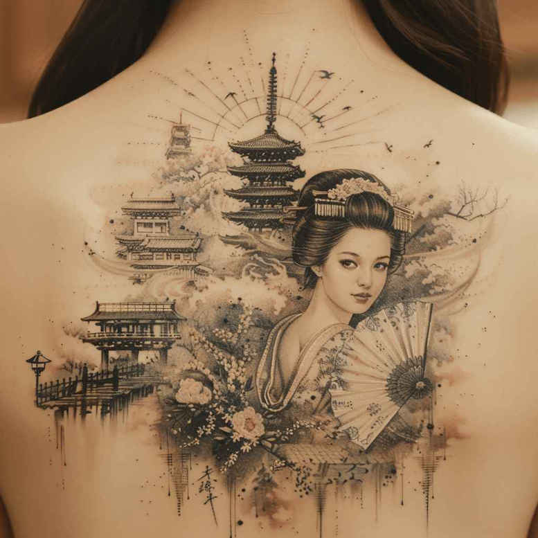 geisha tattoo design ideas artistic contrast floral patterns symbolising strength