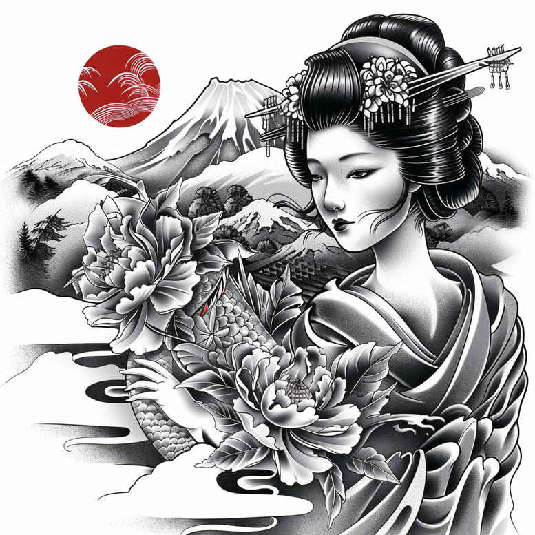 geisha tattoo design ideas Realism natural tones graceful posture symbolising endurance