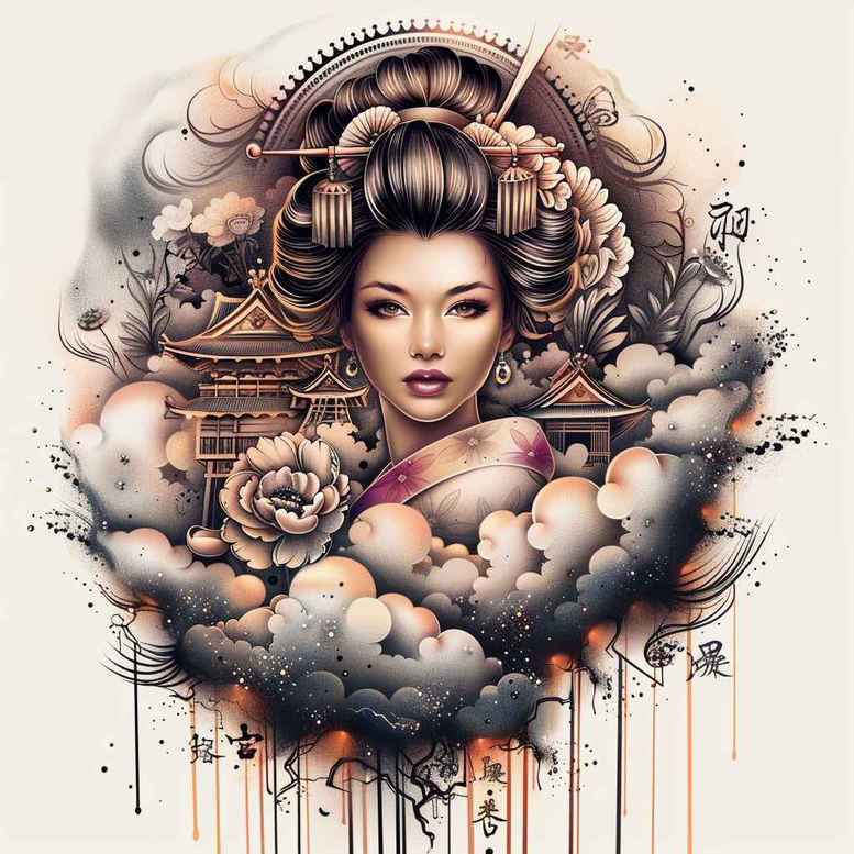 geisha tattoo design ideas classic shading hair ornaments for lower chest