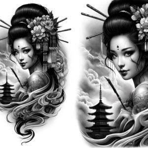 geisha tattoo design ideas Surrealism mystical hair ornaments symbolising determination