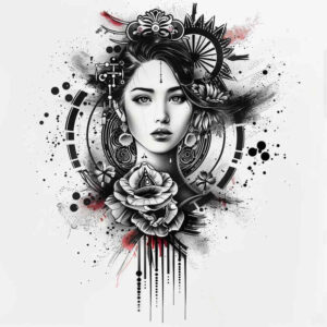 geisha tattoo design ideas Surrealism vibrant contrasts kimono meaning endurance