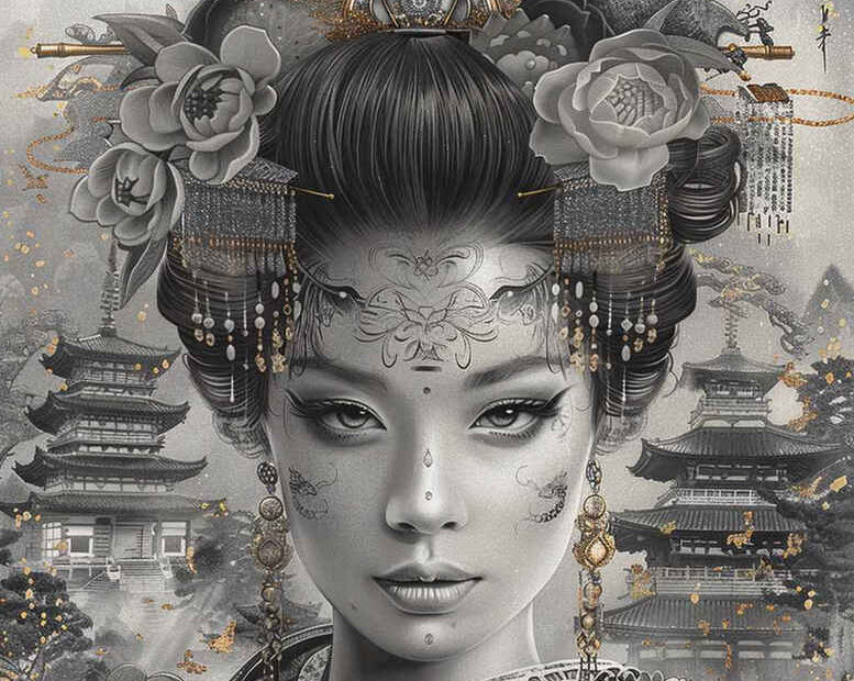Geisha face in black and grey with roses and pagoda in the background; project idea, suitable for a cover-up.