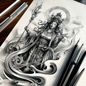 geisha tattoo design ideas black-and-white poised for lower chest