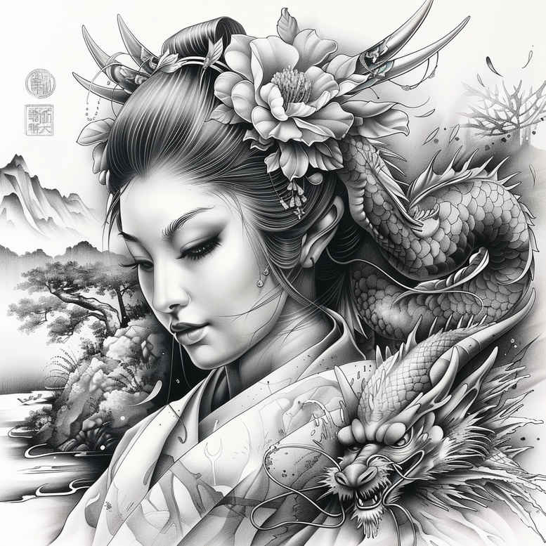 geisha tattoo design ideas Realism optical depth serene for upper shoulder