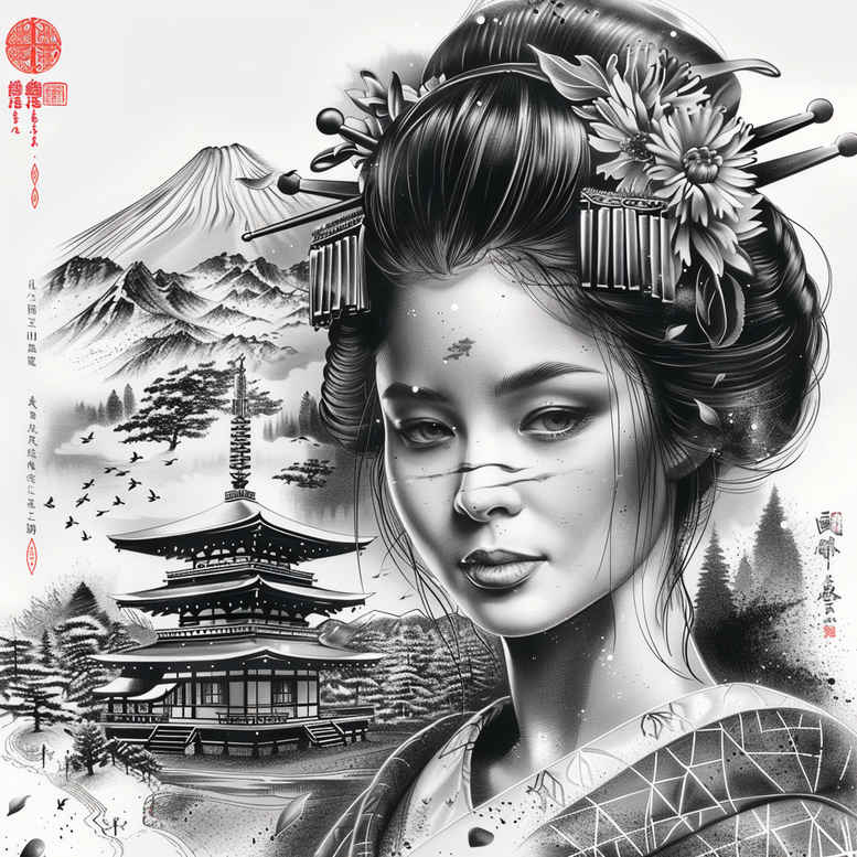 geisha tattoo design ideas Surrealism hyperreal soft lines for back shoulder