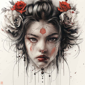geisha tattoo design ideas fine detail subtle colors for lower chest