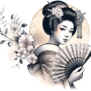 geisha tattoo design ideas Surrealism vibrant contrasts subtle colors symbol of perseverance