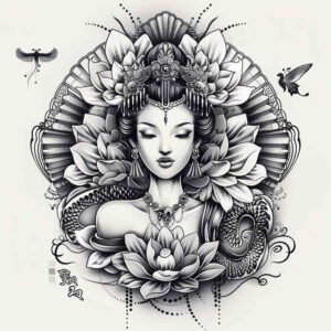 geisha tattoo design ideas Surrealism imperfect symmetry symbolic for back of neck