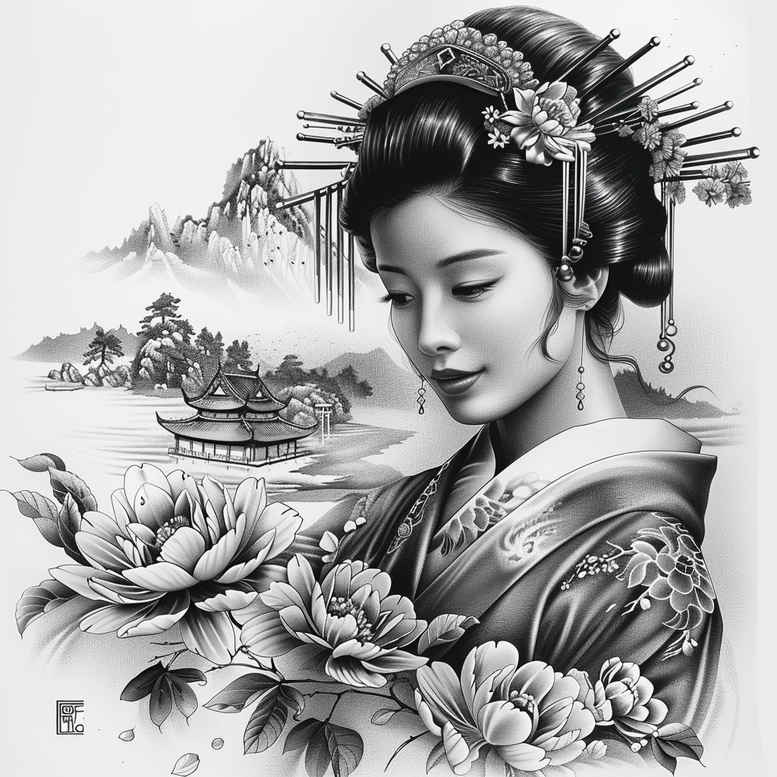 geisha tattoo design ideas Surrealism whimsical traditional hairstyle meaning courage
