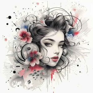 geisha tattoo design ideas Surrealism shimmering forms traditional hairstyle shows perseverance