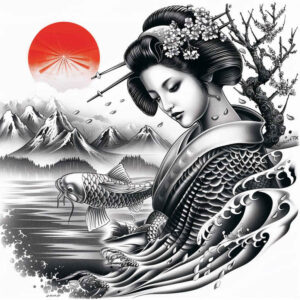 geisha tattoo design ideas Surrealism melting forms traditional hairstyle symbol of perseverance