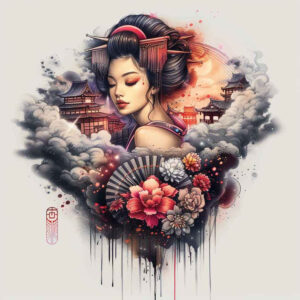 geisha tattoo design ideas Surrealism floating elements traditional symbol of endurance