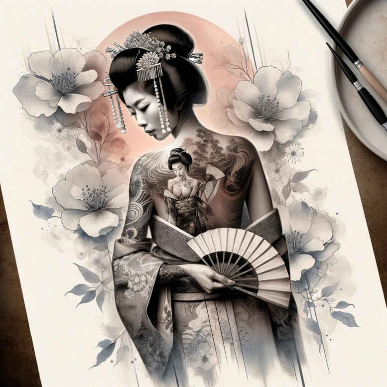 traditional-geisha – tattoo design ideas free ai generated – realism-tonal-depth – for-wrist-side – Gallery: geisha-inkby-ai