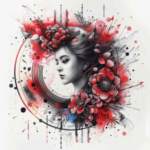 woman-in-kimono – tattoo design ideas free ai generated – surrealism-imaginative – for-upper-thigh – Gallery: geisha-inkby-ai