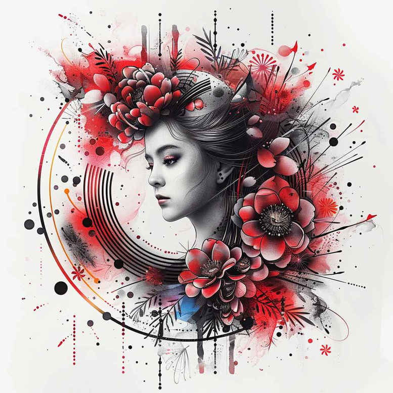 woman-in-kimono – tattoo design ideas free ai generated – surrealism-imaginative – for-upper-thigh – Gallery: geisha-inkby-ai