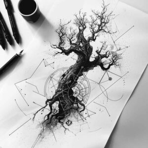 layered-geometric-tattoo – tattoo design ideas free ai generated – dotwork – for-calf – Gallery: geometric-inkby-ai