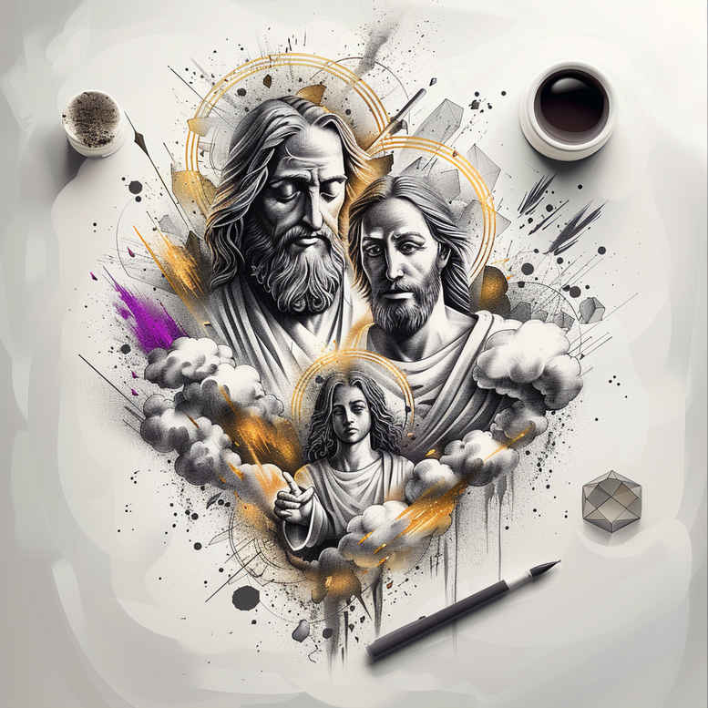 Color tattoo design depicting three figures with halos and watercolor splashes; project idea.