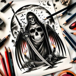 apocalyptic-figure – tattoo design ideas free ai generated – haunted – for-collarbone – Gallery: grim-reaper-inkby-ai