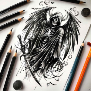 death-and-fate-shadow-neotraditional-decorative-detail – tattoo design ideas free ai generated – Gallery: grim-reaper-inkby-ai