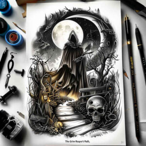 apocalyptic-reaper – tattoo design ideas free ai generated – realism-focal-blur – for-chest – Gallery: grim-reaper-inkby-ai