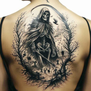 black-cloak – tattoo design ideas free ai generated – neotraditional-dynamic-color – for-chest – Gallery: grim-reaper-inkby-ai