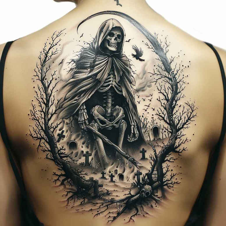 black-cloak – tattoo design ideas free ai generated – neotraditional-dynamic-color – for-chest – Gallery: grim-reaper-inkby-ai