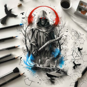 black-cloak – tattoo design ideas free ai generated – surrealism-esoteric – for-back – Gallery: grim-reaper-inkby-ai