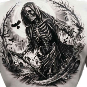 black-cloak – tattoo design ideas free ai generated – surrealism-symbolism – for-sternum – Gallery: grim-reaper-inkby-ai