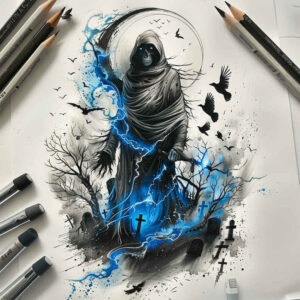 dark-reaper – tattoo design ideas free ai generated – surrealism-dynamic-shapes – for-neck – Gallery: grim-reaper-inkby-ai