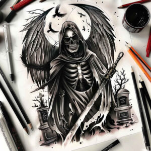 death-and-light-spectral-neotraditional-subtle-tone – tattoo design ideas free ai generated – Gallery: grim-reaper-inkby-ai