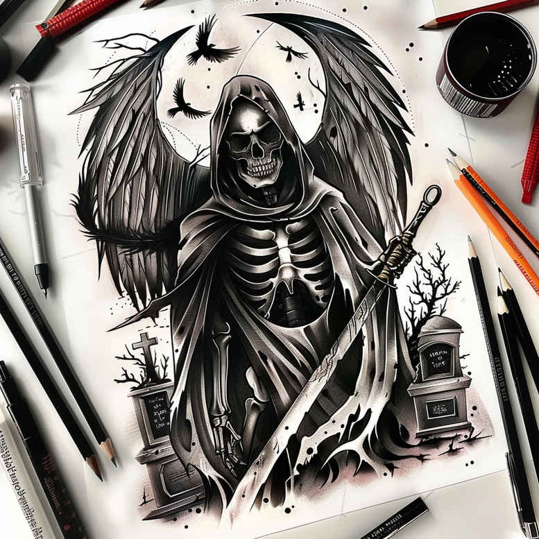 death-and-light-spectral-neotraditional-subtle-tone – tattoo design ideas free ai generated – Gallery: grim-reaper-inkby-ai