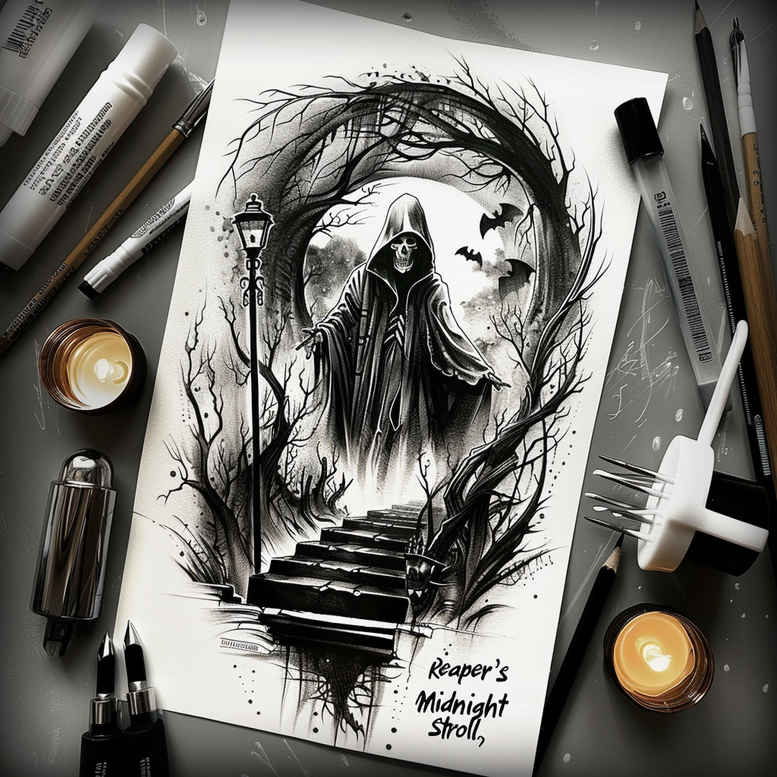 dark-silhouette – tattoo design ideas free ai generated – neotraditional-bold-color-blocks – for-spine – Gallery: grim-reaper-inkby-ai