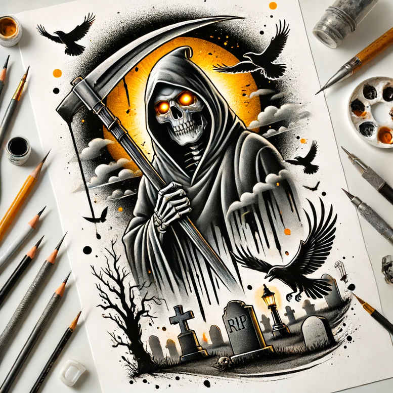 dark-silhouette – tattoo design ideas free ai generated – realism-light-play – for-back-shoulder – Gallery: grim-reaper-inkby-ai
