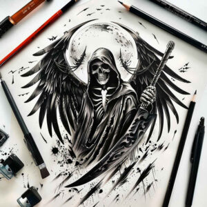 death-and-light – tattoo design ideas free ai generated – neotraditional-bold-highlights – for-biceps – Gallery: grim-reaper-inkby-ai