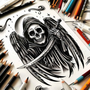 death-and-mystery – tattoo design ideas free ai generated – realism-illusion-of-depth – for-lower-chest – Gallery: grim-reaper-inkby-ai