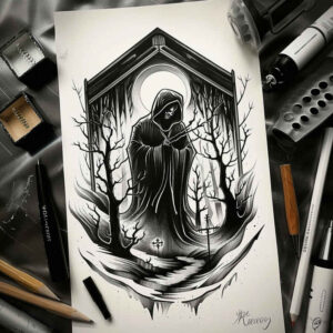death-and-mystery – tattoo design ideas free ai generated – surrealism-distorted-perspective – for-shin – Gallery: grim-reaper-inkby-ai