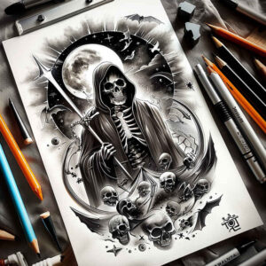 death-and-time – tattoo design ideas free ai generated – realism-realistic-contrast – for-back-of-neck – Gallery: grim-reaper-inkby-ai