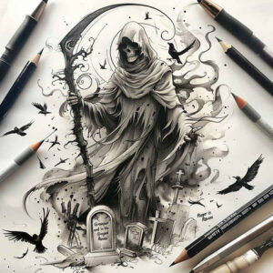 death-and-time – tattoo design ideas free ai generated – realism-realistic-shadowing – for-full-back – Gallery: grim-reaper-inkby-ai