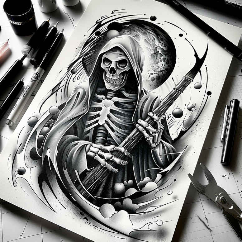 death-and-transcendence – tattoo design ideas free ai generated – neotraditional-clean-contrast – for-ribs – Gallery: grim-reaper-inkby-ai