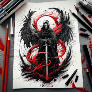 death-and-transcendence – tattoo design ideas free ai generated – neotraditional-deep-blacks – for-upper-thigh – Gallery: grim-reaper-inkby-ai
