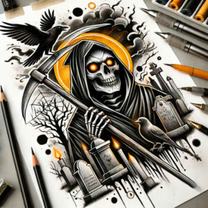 death-figure – tattoo design ideas free ai generated – neotraditional-artful-color – for-scapula – Gallery: grim-reaper-inkby-ai