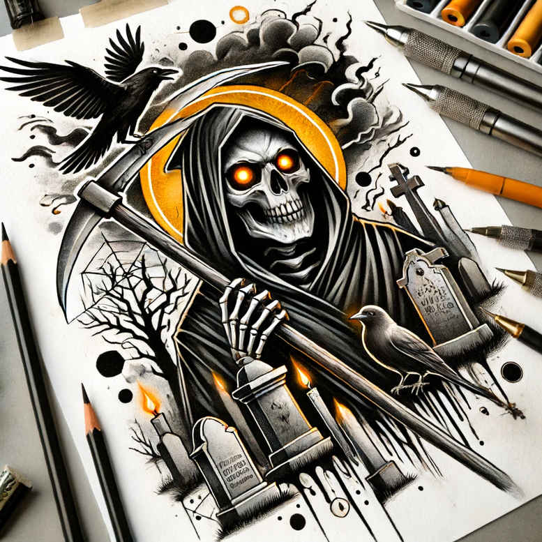 death-figure – tattoo design ideas free ai generated – neotraditional-artful-color – for-scapula – Gallery: grim-reaper-inkby-ai